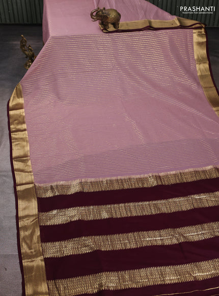 Pure mysore silk saree pastel pink and deep wine with allover zari stripe pattern and zari woven border