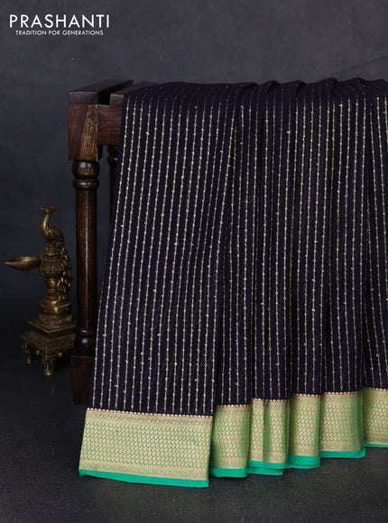 Pure mysore silk saree navy blue and green with allover zari stripe pattern and zari woven border