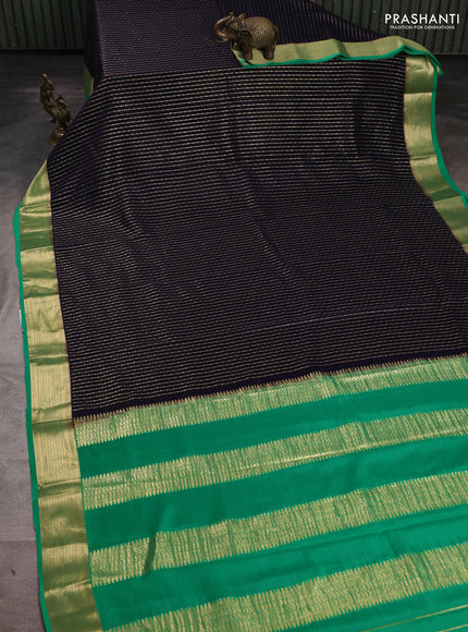 Pure mysore silk saree navy blue and green with allover zari stripe pattern and zari woven border