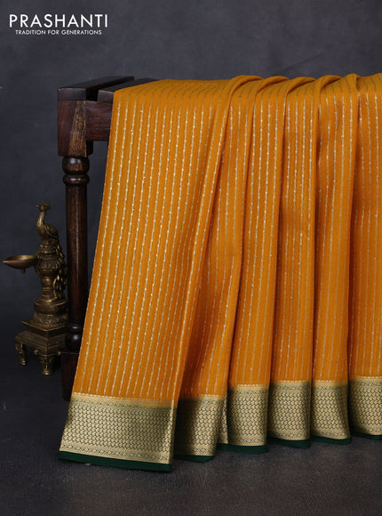 Pure mysore silk saree mustard yellow and green with allover zari stripe pattern and zari woven border