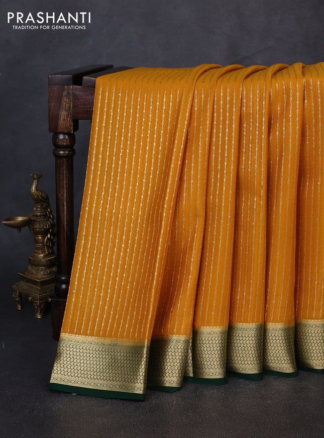 Pure mysore silk saree mustard yellow and green with allover zari stripe pattern and zari woven border