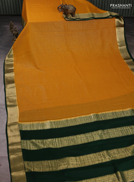 Pure mysore silk saree mustard yellow and green with allover zari stripe pattern and zari woven border