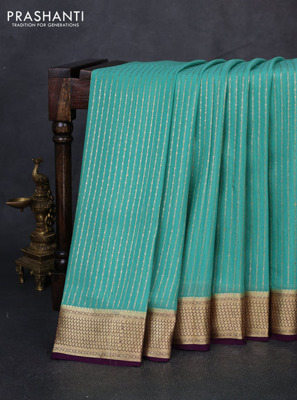 Pure mysore silk saree teal green and wine shade with allover zari stripe pattern and zari woven border