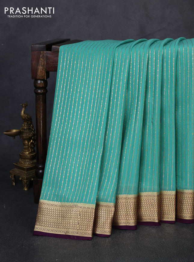 Pure mysore silk saree teal green and wine shade with allover zari stripe pattern and zari woven border