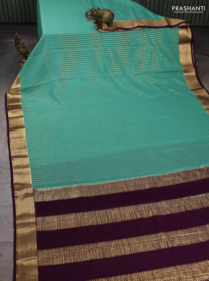 Pure mysore silk saree teal green and wine shade with allover zari stripe pattern and zari woven border