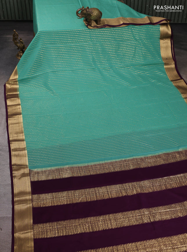 Pure mysore silk saree teal green and wine shade with allover zari stripe pattern and zari woven border