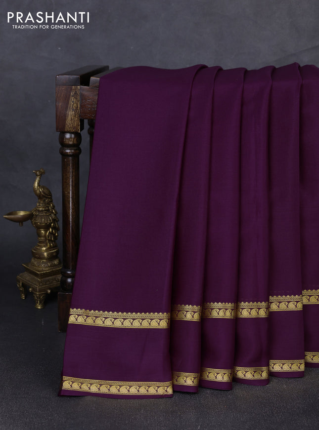 Pure mysore silk saree deep purple with plain body and rettapet zari woven border