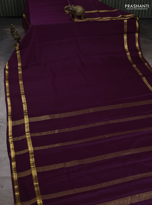 Pure mysore silk saree deep purple with plain body and rettapet zari woven border