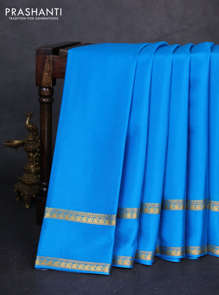 Pure mysore silk saree cs blue with plain body and rettapet zari woven border