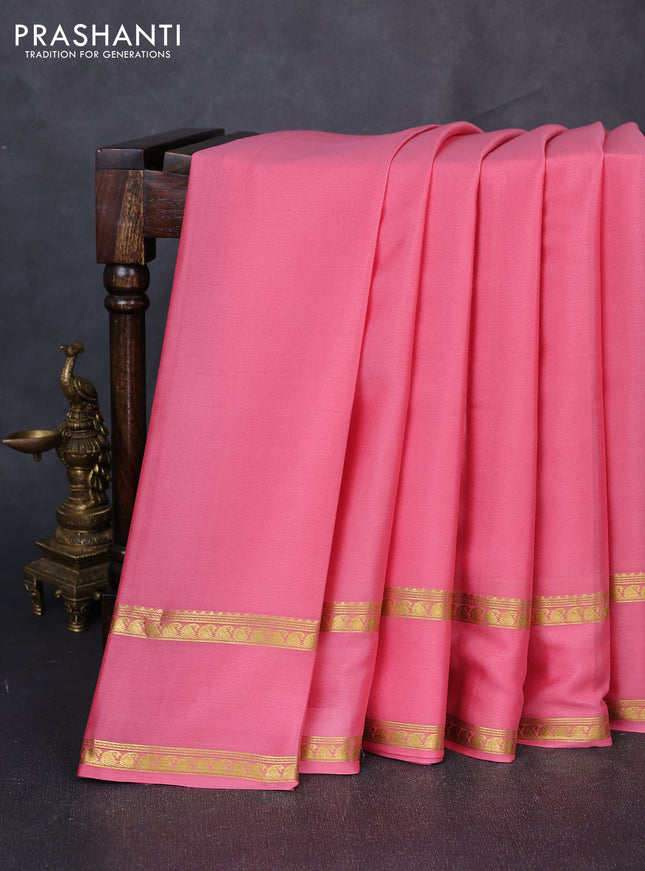 Pure mysore silk saree peach pink with plain body and rettapet zari woven border