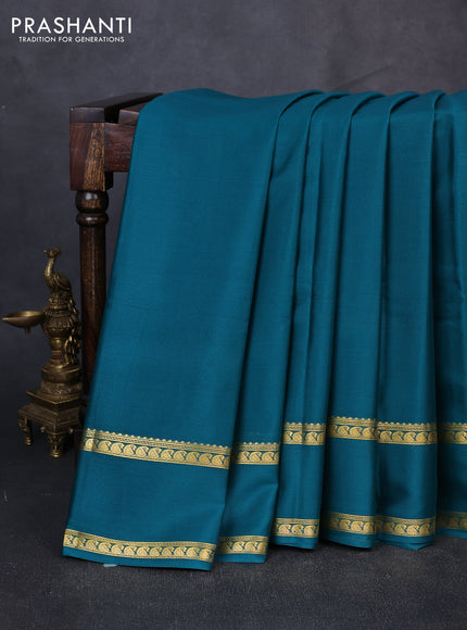 Pure mysore silk saree teal green with plain body and rettapet zari woven border