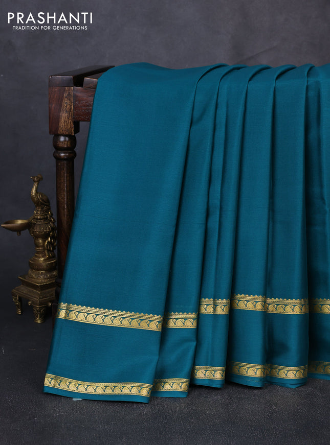 Pure mysore silk saree teal green with plain body and rettapet zari woven border