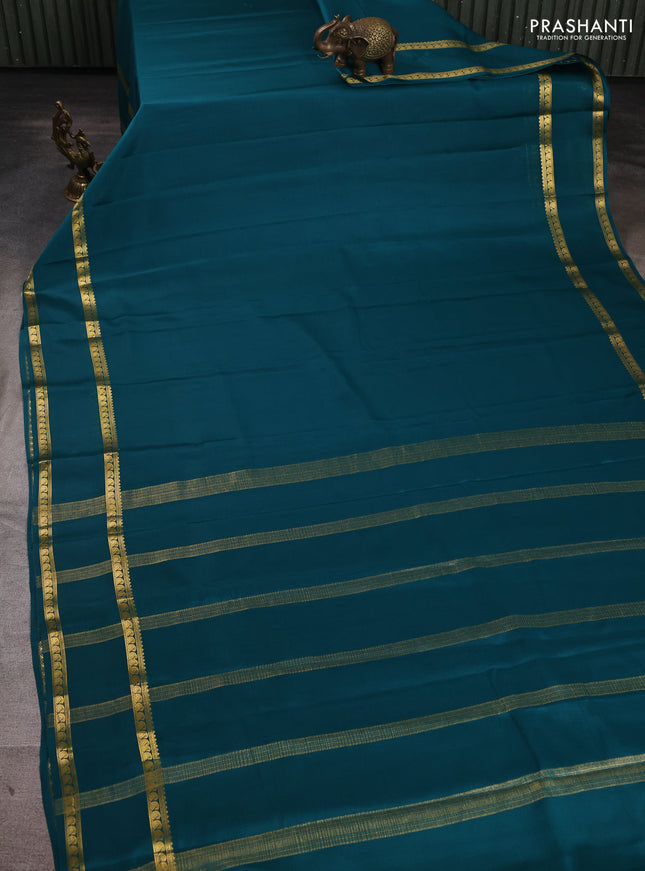 Pure mysore silk saree teal green with plain body and rettapet zari woven border