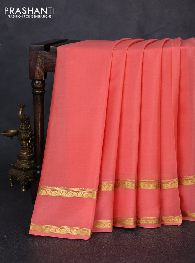 Pure mysore silk saree peach shade with plain body and rettapet zari woven border