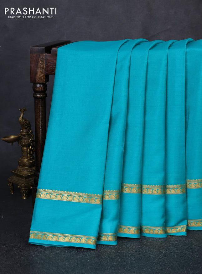 Pure mysore silk saree teal blue with plain body and rettapet zari woven border