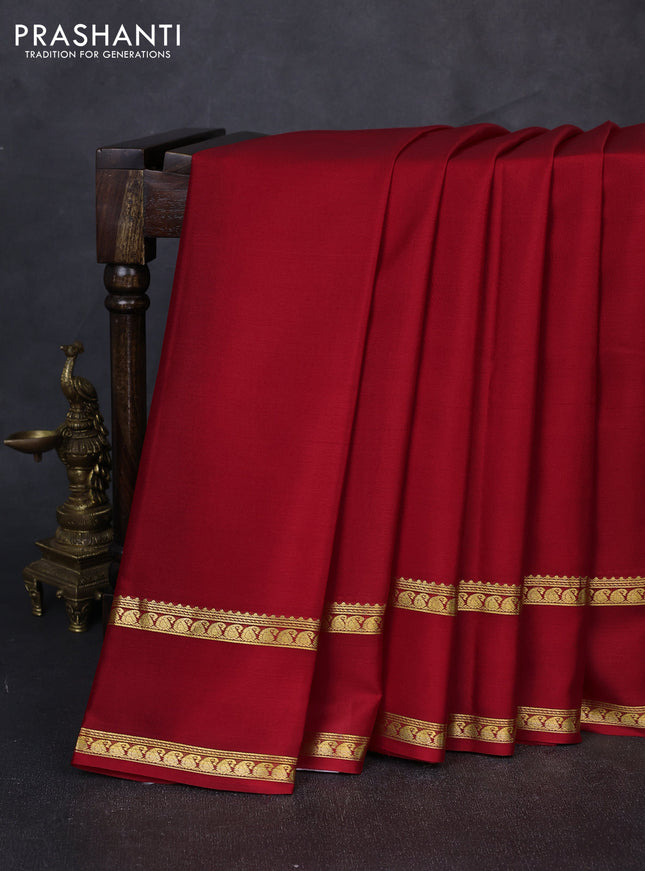 Pure mysore silk saree red with plain body and rettapet zari woven border
