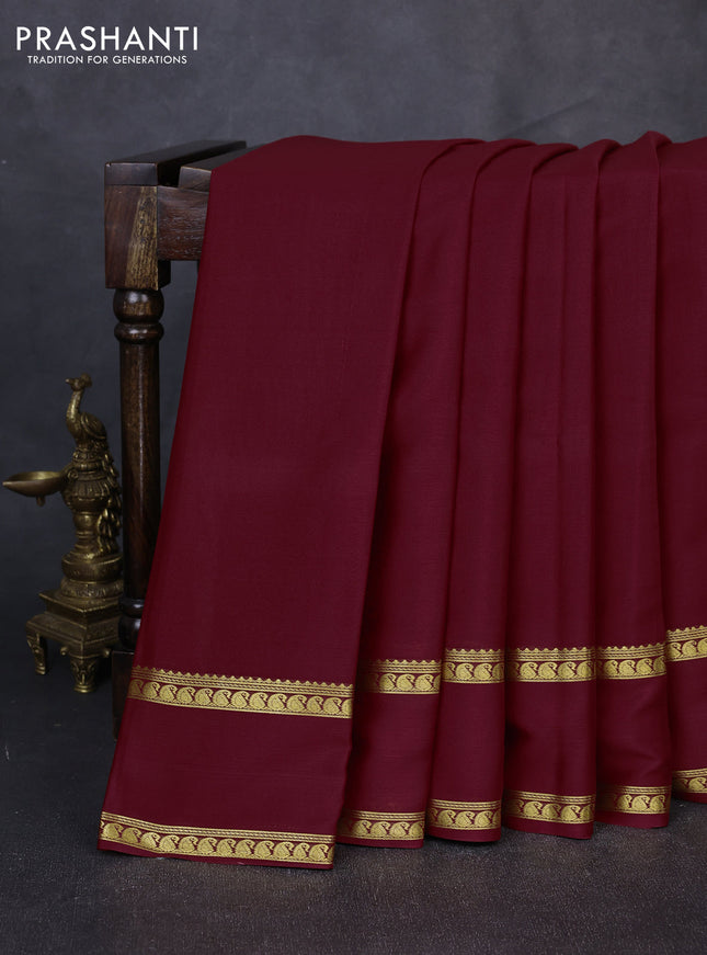 Pure mysore silk saree maroon with plain body and rettapet zari woven border
