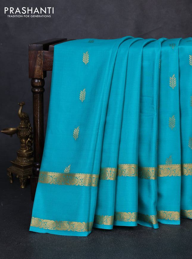 Pure mysore silk saree teal blue with zari woven buttas and rettapet zari woven border