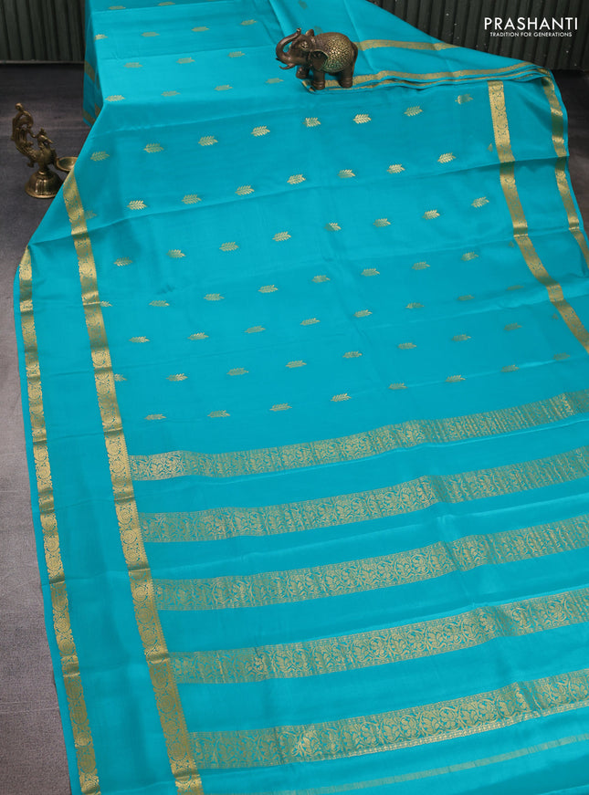 Pure mysore silk saree teal blue with zari woven buttas and rettapet zari woven border