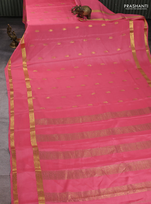 Pure mysore silk saree peach pink with allover thread & zari woven buttas and rettapet zari woven border