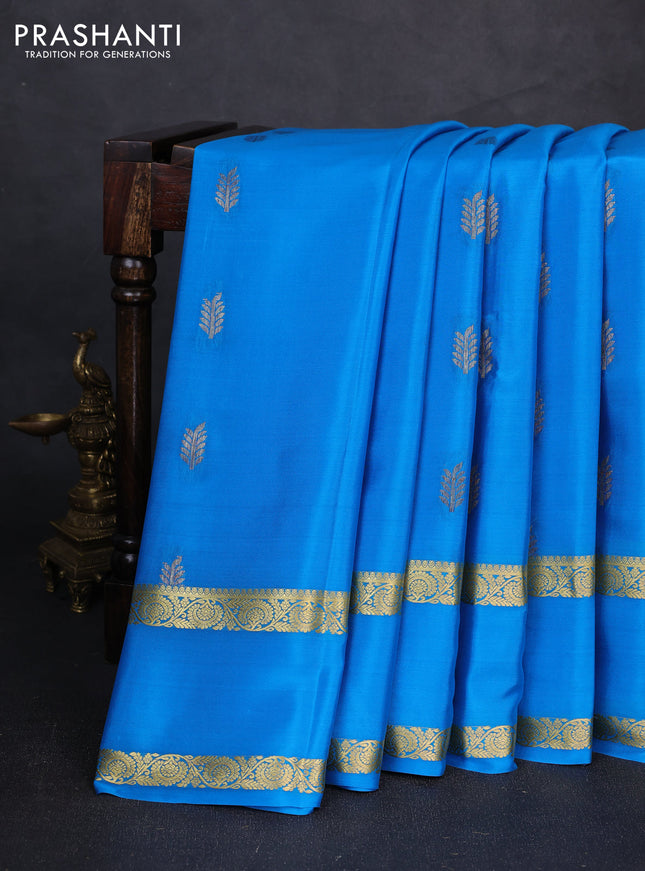 Pure mysore silk saree cs blue with zari woven buttas and rettapet zari woven border