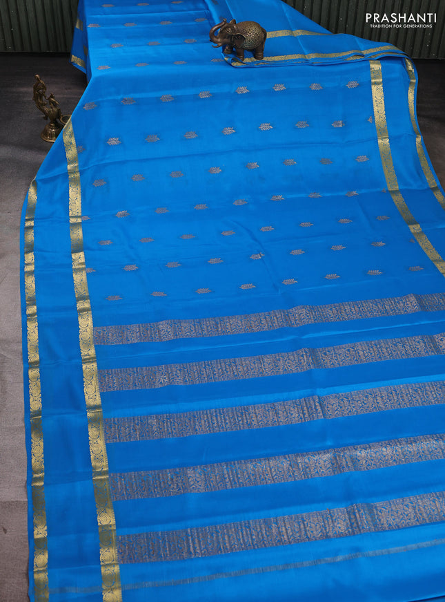 Pure mysore silk saree cs blue with zari woven buttas and rettapet zari woven border