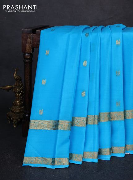 Pure mysore silk saree teal blue with zari woven buttas and rettapet zari woven border