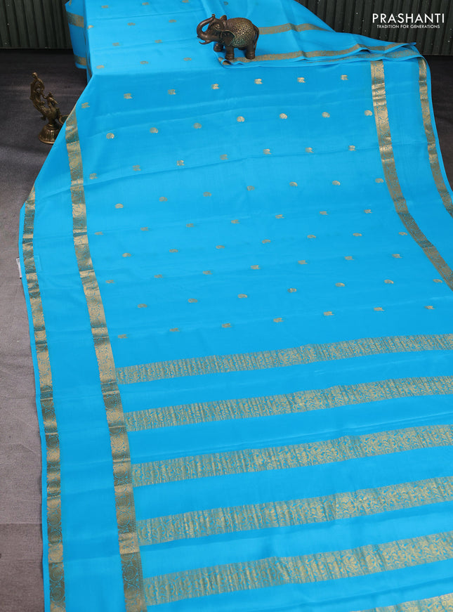 Pure mysore silk saree teal blue with zari woven buttas and rettapet zari woven border