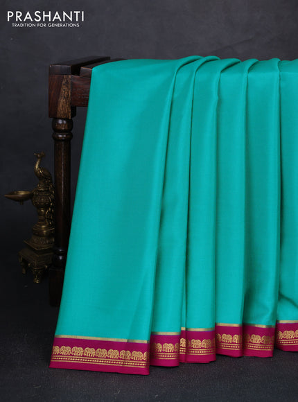 Pure mysore silk saree teal blue and pink with plain body and zari woven border