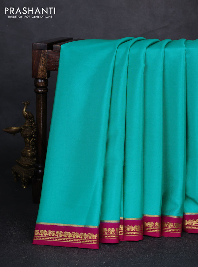 Pure mysore silk saree teal blue and pink with plain body and zari woven border