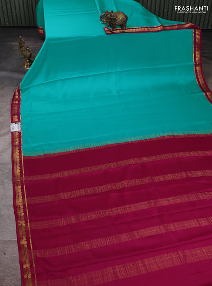 Pure mysore silk saree teal blue and pink with plain body and zari woven border