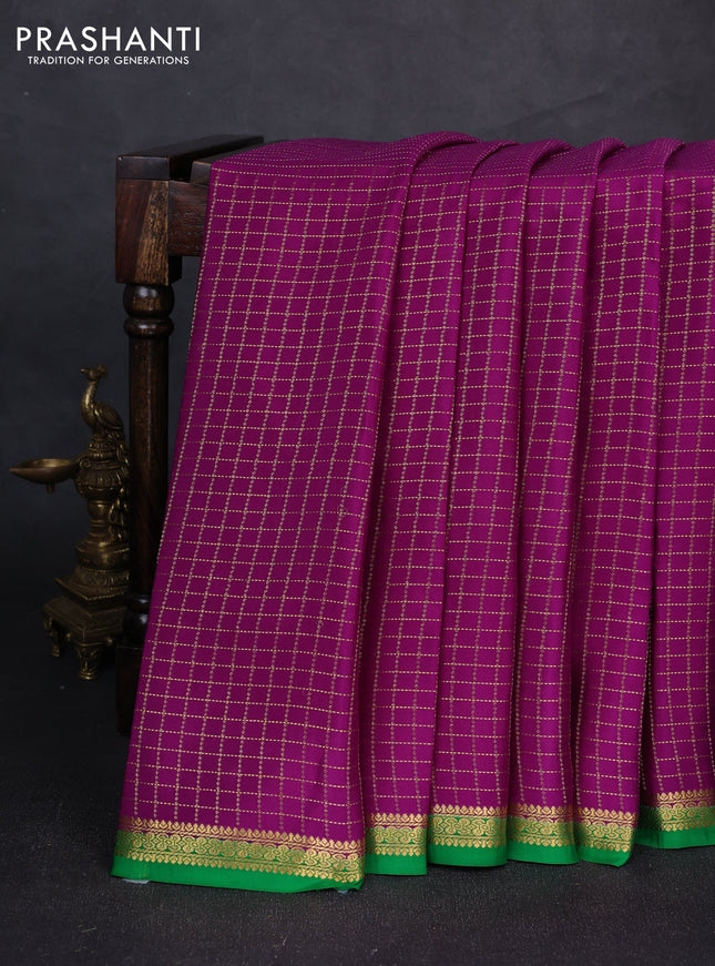 Pure mysore silk saree purple and green with allover zari checked pattern and small zari woven border