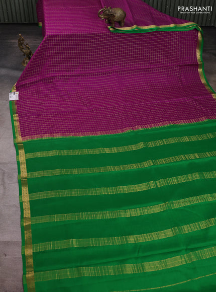 Pure mysore silk saree purple and green with allover zari checked pattern and small zari woven border