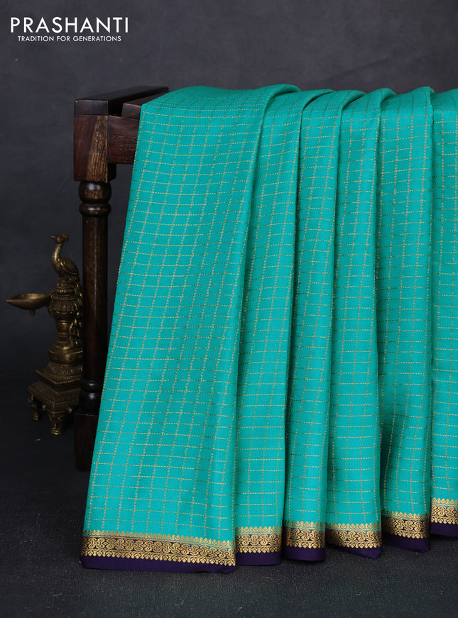 Pure mysore silk saree teal blue and deep violet with allover zari checked pattern and small zari woven border