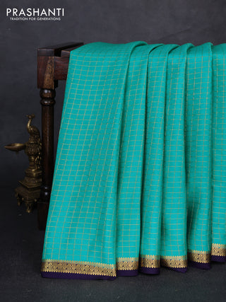 Pure mysore silk saree teal blue and deep violet with allover zari checked pattern and small zari woven border
