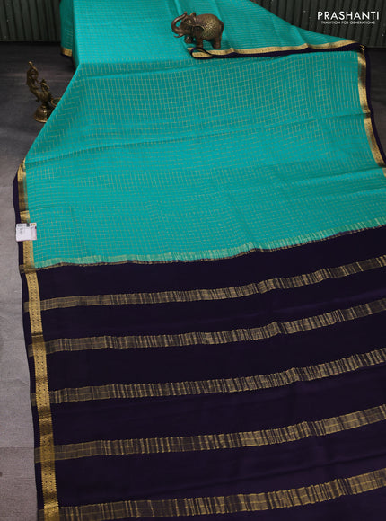 Pure mysore silk saree teal blue and deep violet with allover zari checked pattern and small zari woven border
