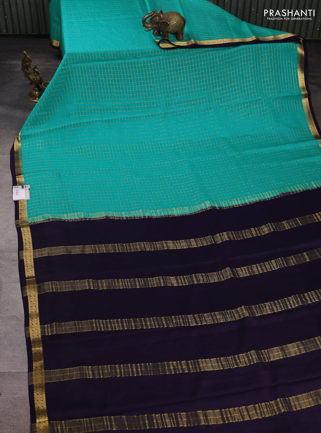 Pure mysore silk saree teal blue and deep violet with allover zari checked pattern and small zari woven border