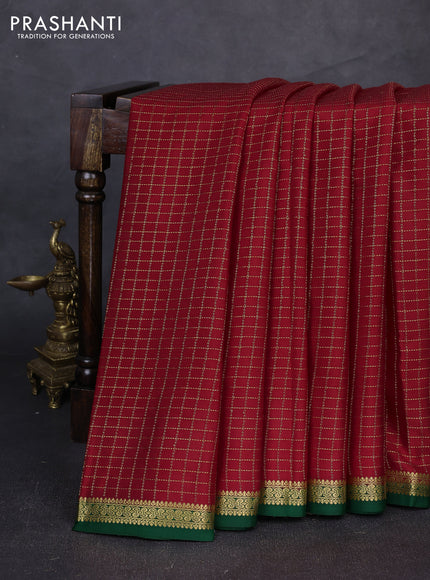 Pure mysore silk saree maroon and green with allover zari checked pattern and small zari woven border