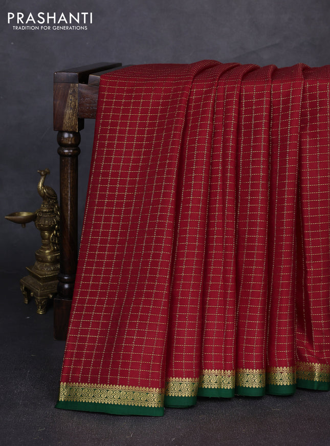 Pure mysore silk saree maroon and green with allover zari checked pattern and small zari woven border