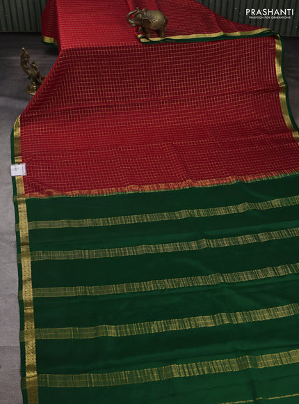 Pure mysore silk saree maroon and green with allover zari checked pattern and small zari woven border
