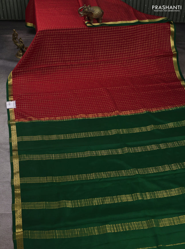 Pure mysore silk saree maroon and green with allover zari checked pattern and small zari woven border
