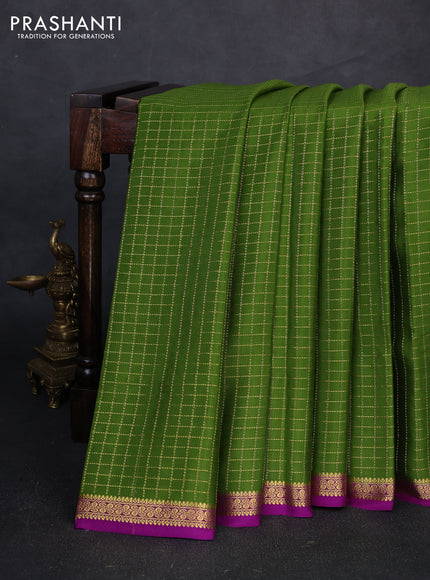 Pure mysore silk saree light green and purple with allover zari checked pattern and small zari woven border