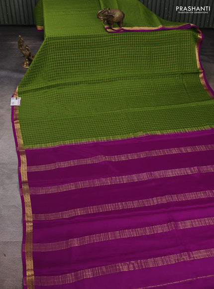 Pure mysore silk saree light green and purple with allover zari checked pattern and small zari woven border
