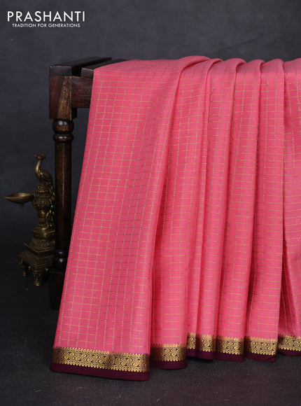 Pure mysore silk saree peach pink and deep wine with allover zari checked pattern and small zari woven border