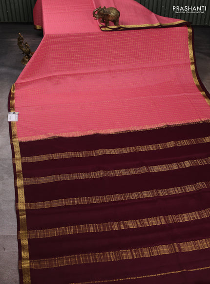 Pure mysore silk saree peach pink and deep wine with allover zari checked pattern and small zari woven border