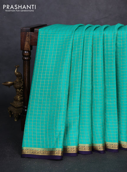 Pure mysore silk saree teal green and deep violet with allover zari checked pattern and small zari woven border