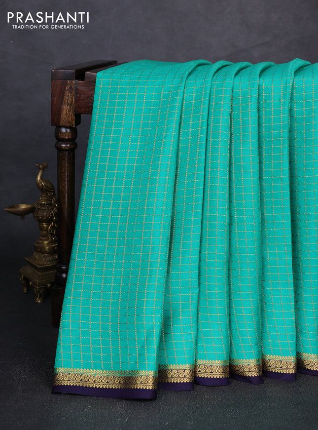Pure mysore silk saree teal green and deep violet with allover zari checked pattern and small zari woven border
