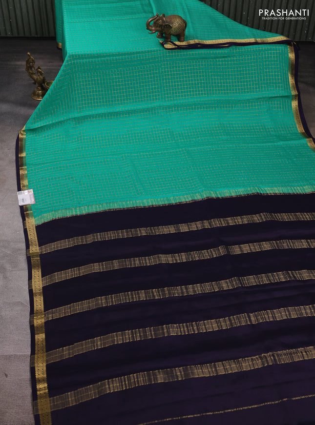 Pure mysore silk saree teal green and deep violet with allover zari checked pattern and small zari woven border