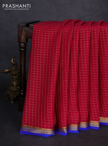 Pure mysore silk saree tomato pink and royal blue with allover zari checked pattern and small zari woven border