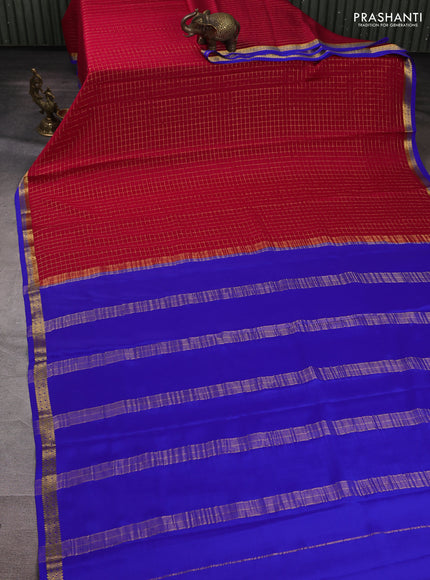 Pure mysore silk saree tomato pink and royal blue with allover zari checked pattern and small zari woven border